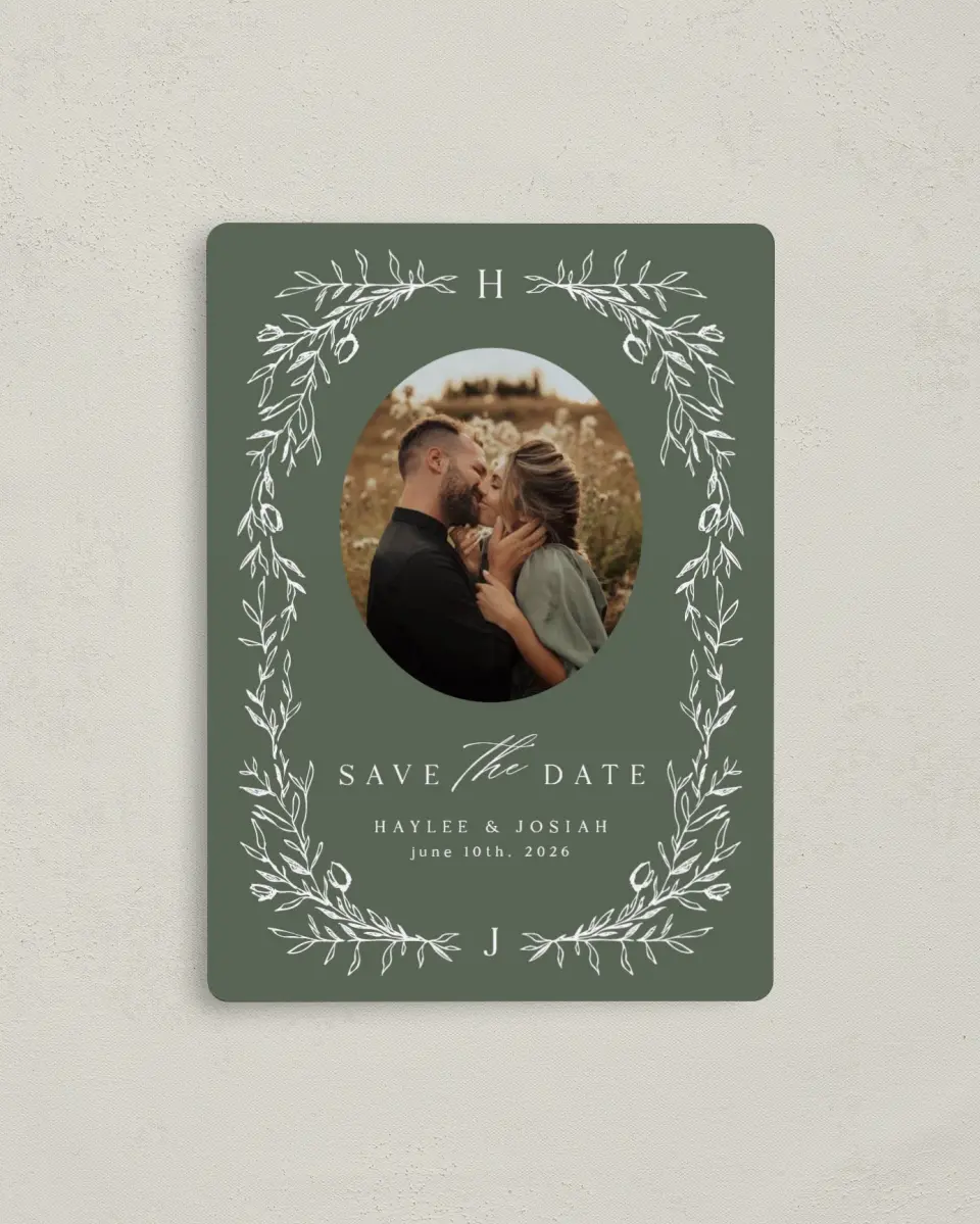 This is a 4" x 5½" Save the Date Magnet called Flourishing Frame printed in full color with a Luxe Satin finish