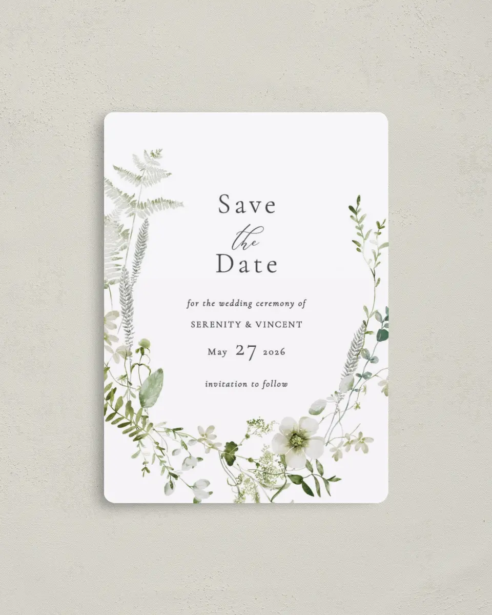This is a 4" x 5½" Save the Date Magnet called Graceful Greenery printed in full color with a Luxe Satin finish