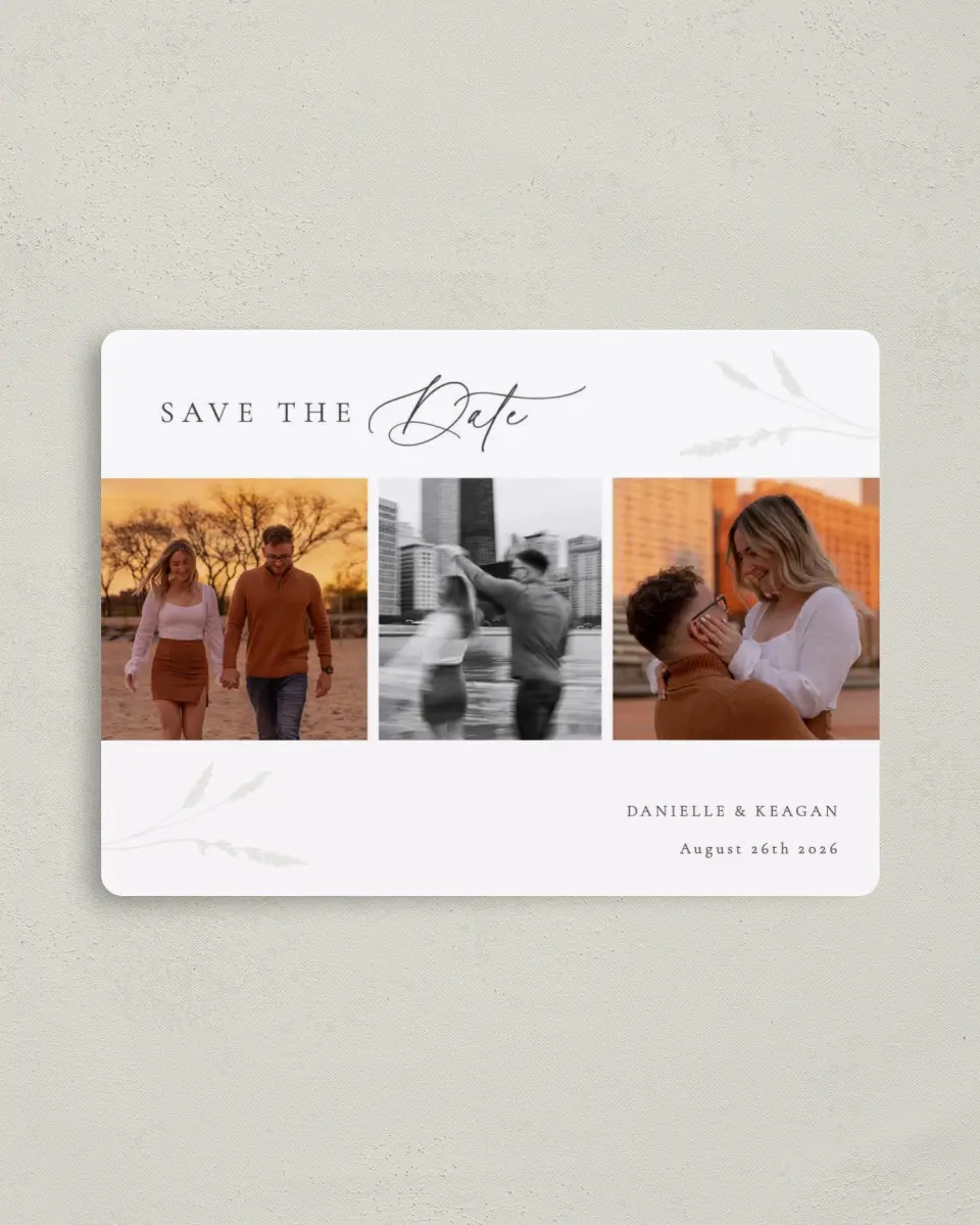 This is a 4" x 5½" Save the Date Magnet called Wild Devotion printed in full color with a Luxe Satin finish