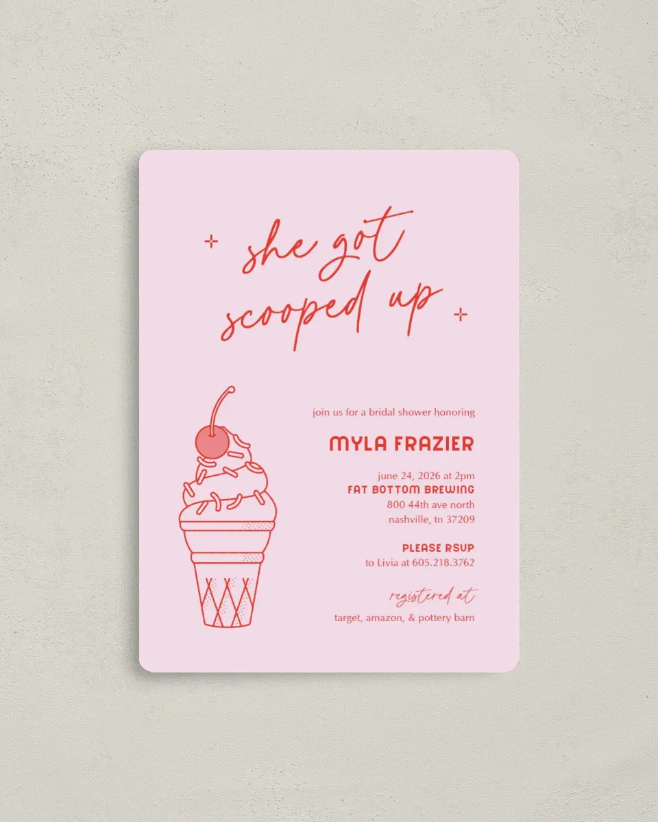 This is a 4" x 5½" Bridal Shower Invitation Magnet called Scooped Up printed in full color with a Luxe Satin finish