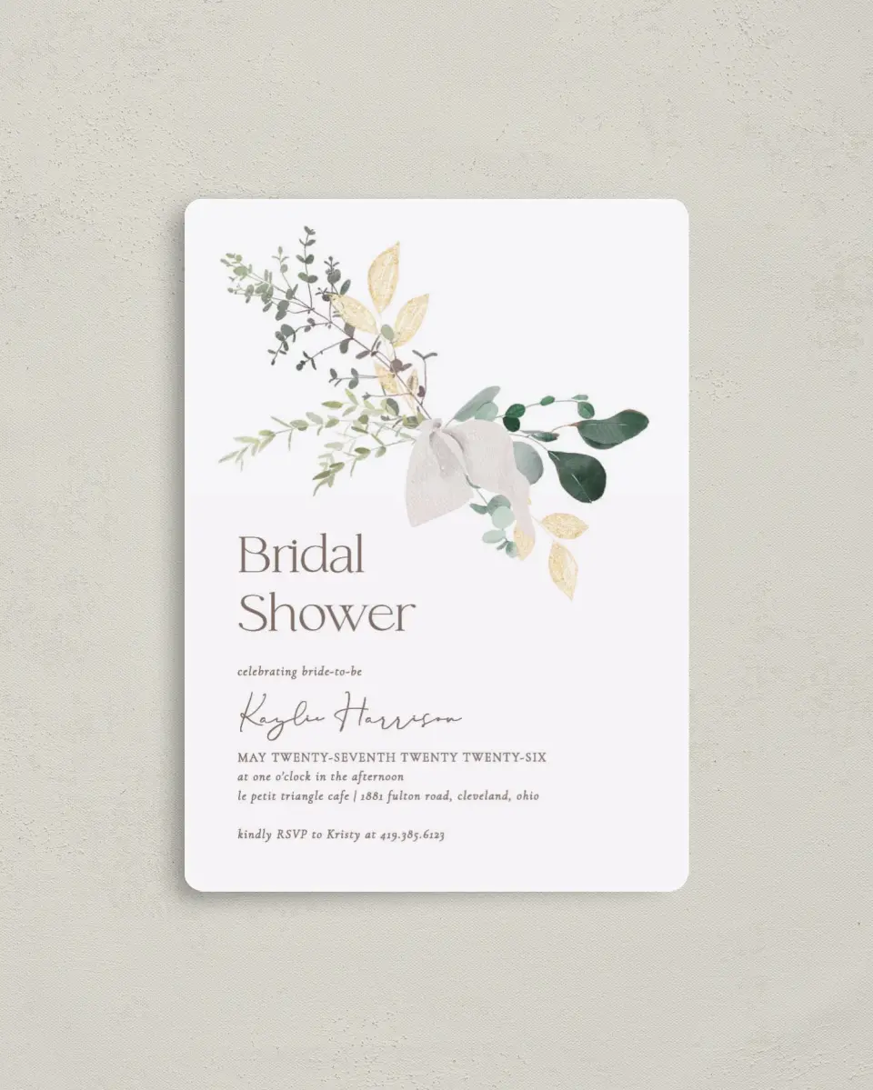 This is a 4" x 5½" Bridal Shower Invitation Magnet called Botanical Bow printed in full color with a Luxe Satin finish