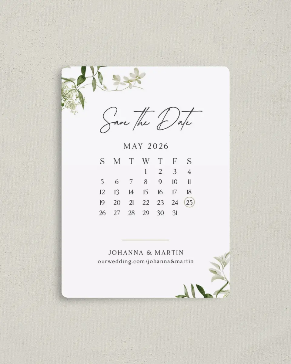 This is a 4" x 5½" Save the Date Magnet called Botanical Date printed in full color with Rose Gold foil and a Luxe Satin finish
