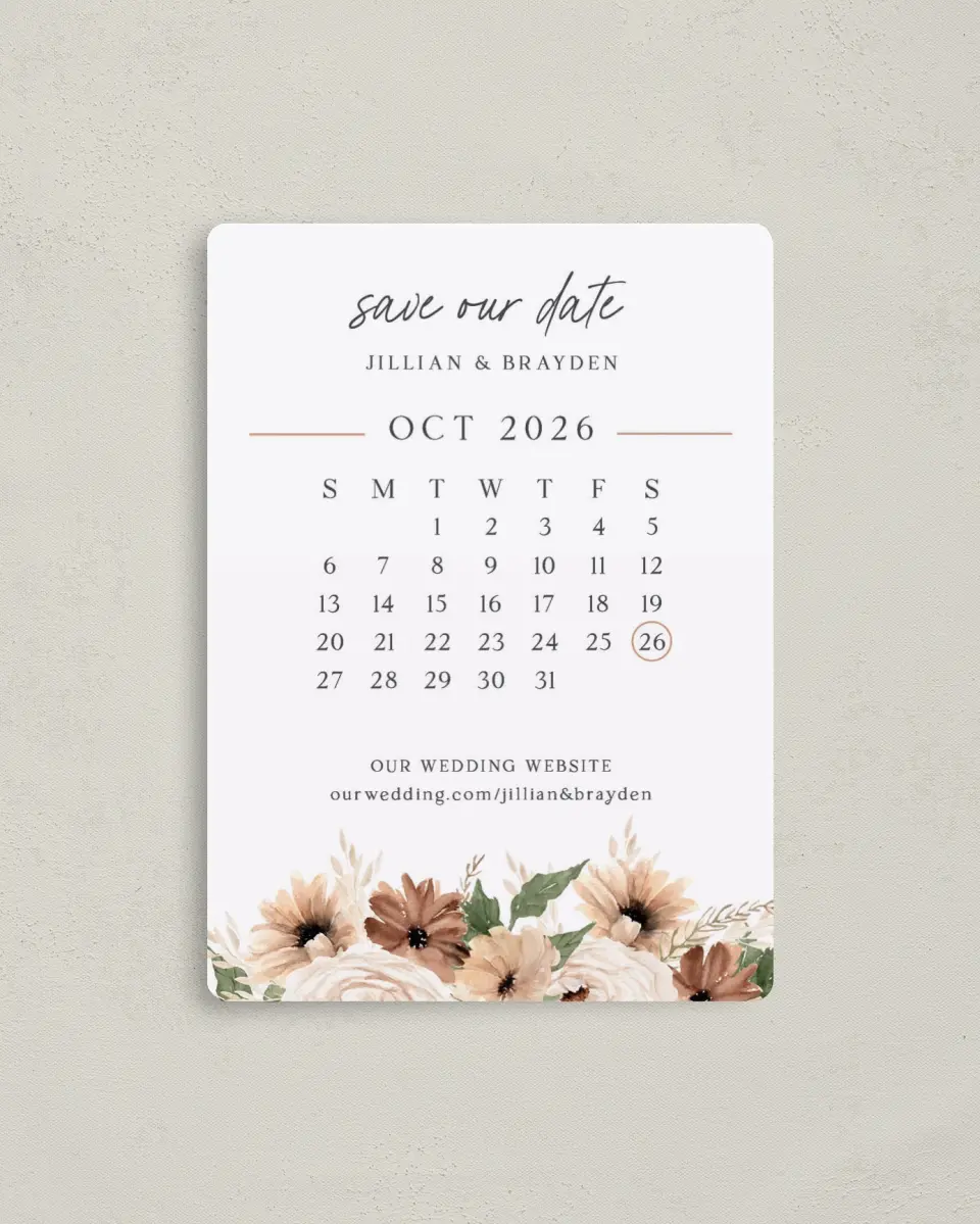 This is a 4" x 5½" Save the Date Magnet called Crisp Date printed in full color with a Luxe Satin finish