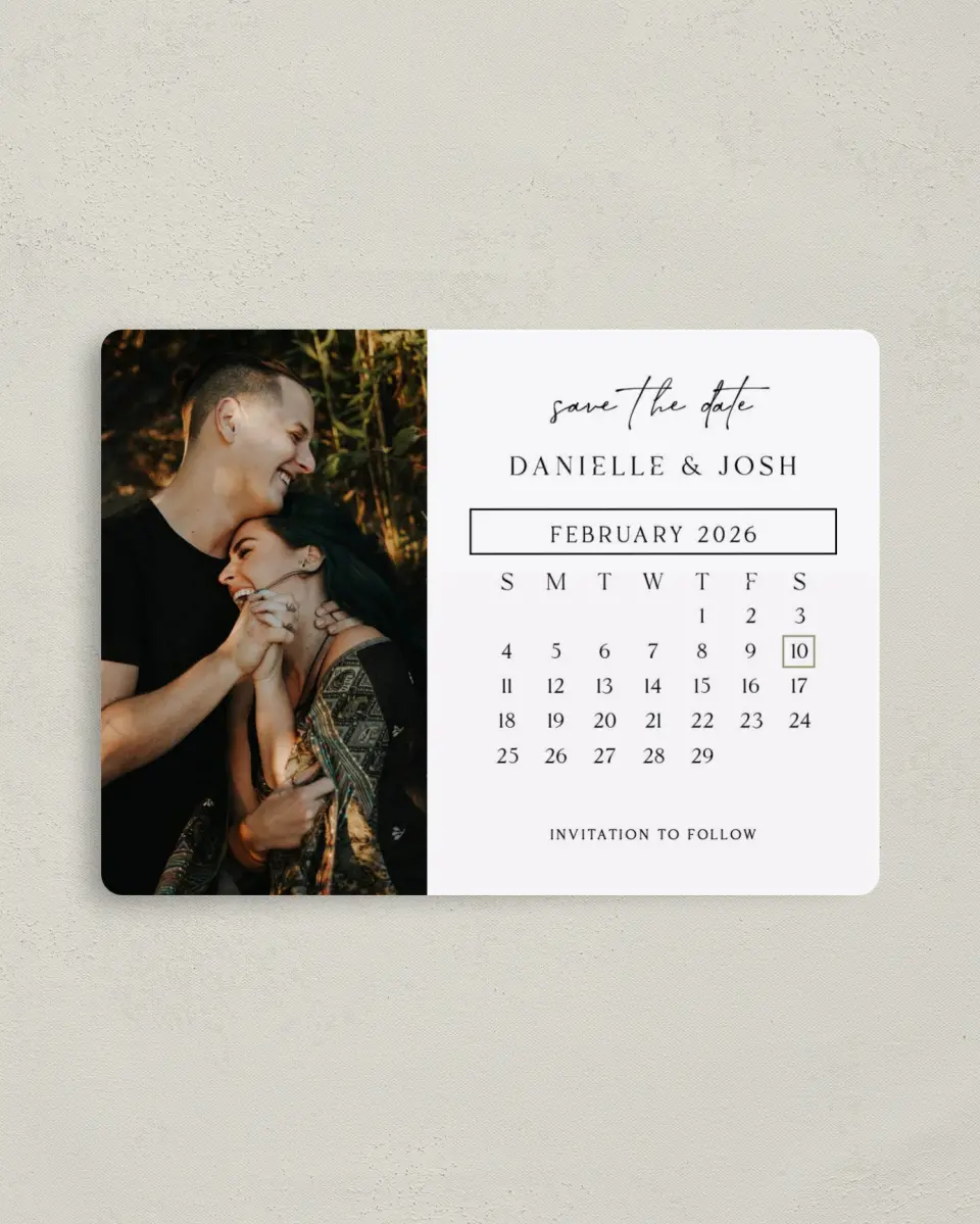 This is a 4" x 5½" Save the Date Magnet called Date Capture printed in full color with a Luxe Satin finish