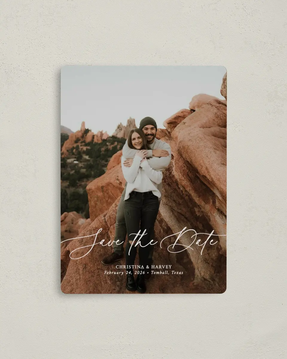 This is a 4" x 5½" Save the Date Magnet called The Christina printed in full color with a Luxe Satin finish
