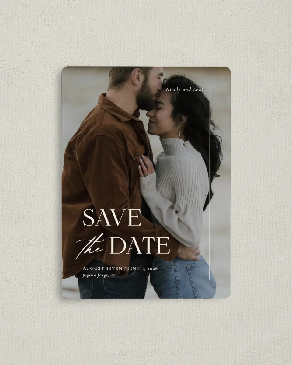 This is a 4" x 5½" Save the Date Magnet called The Nicole printed in full color with a Luxe Satin finish