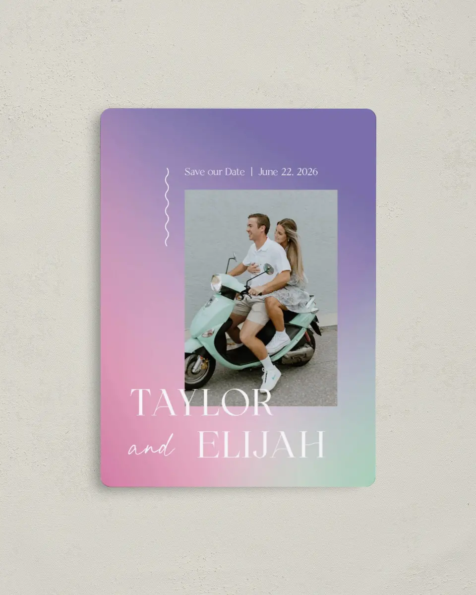 This is a 4" x 5½" Save the Date Magnet called The Taylor printed in full color with Rose Gold foil and a Luxe Satin finish