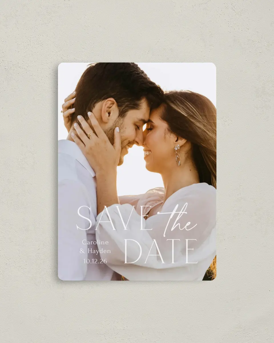 This is a 4" x 5½" Save the Date Magnet called The Caroline printed in full color with a Luxe Satin finish