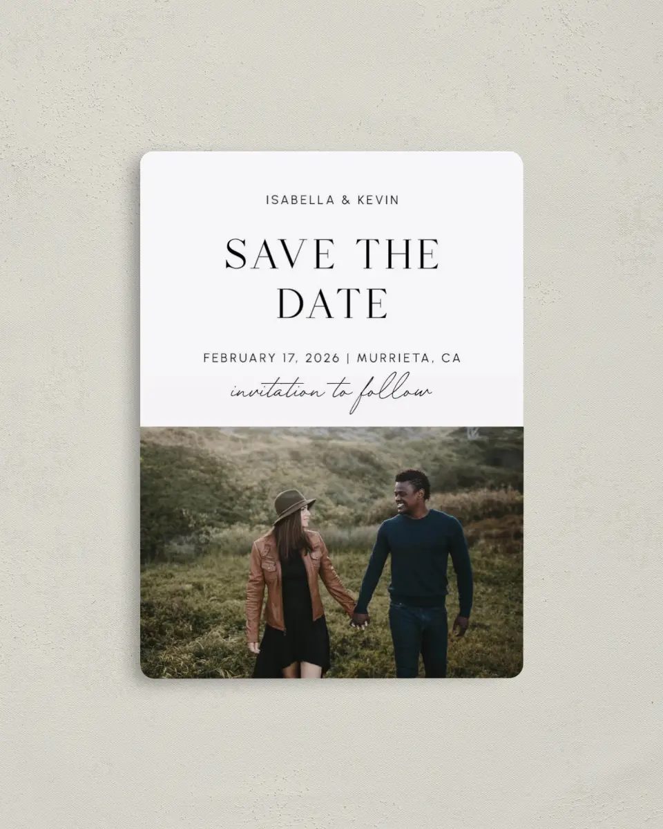 This is a 4" x 5½" Save the Date Magnet called The Isabella printed in full color with Rose Gold foil and a Luxe Satin finish