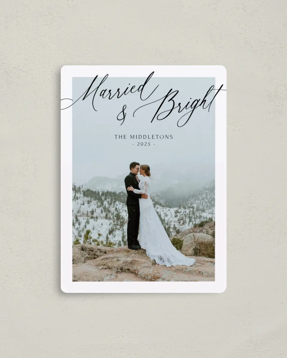 This is a 4" x 5½" Christmas Card called Married & Bright printed in full color with Rose Gold foil and a Luxe Satin finish