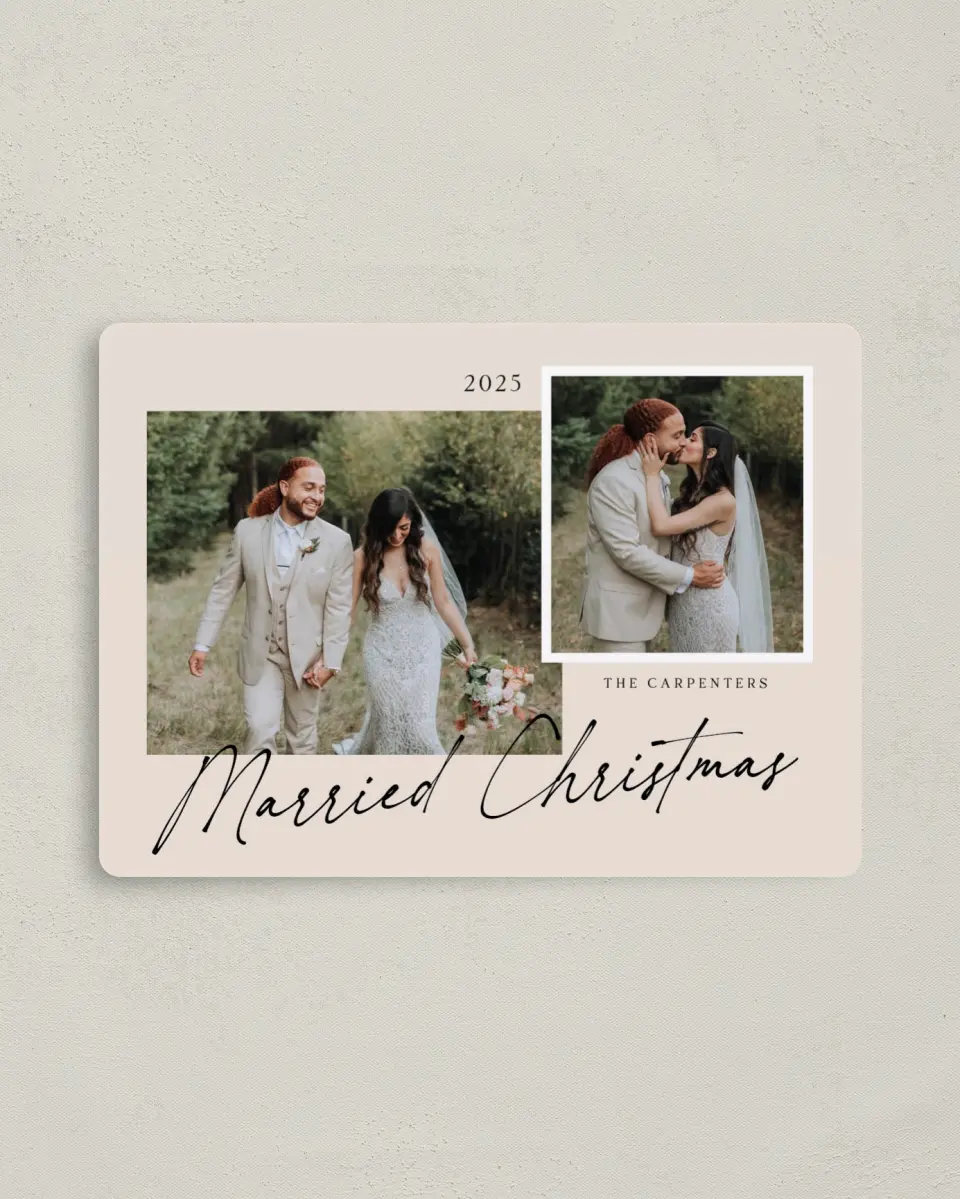 This is a 4" x 5½" Christmas Card called Married Memories printed in full color with Rose Gold foil and a Luxe Satin finish