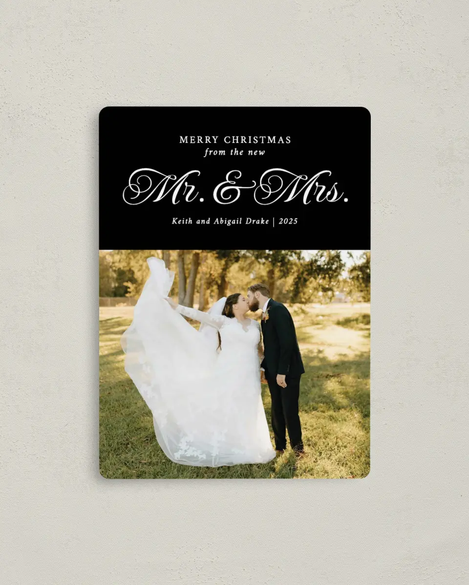 This is a 4" x 5½" Christmas Card called Classic Mr. & Mrs. printed in full color with Rose Gold foil and a Luxe Satin finish