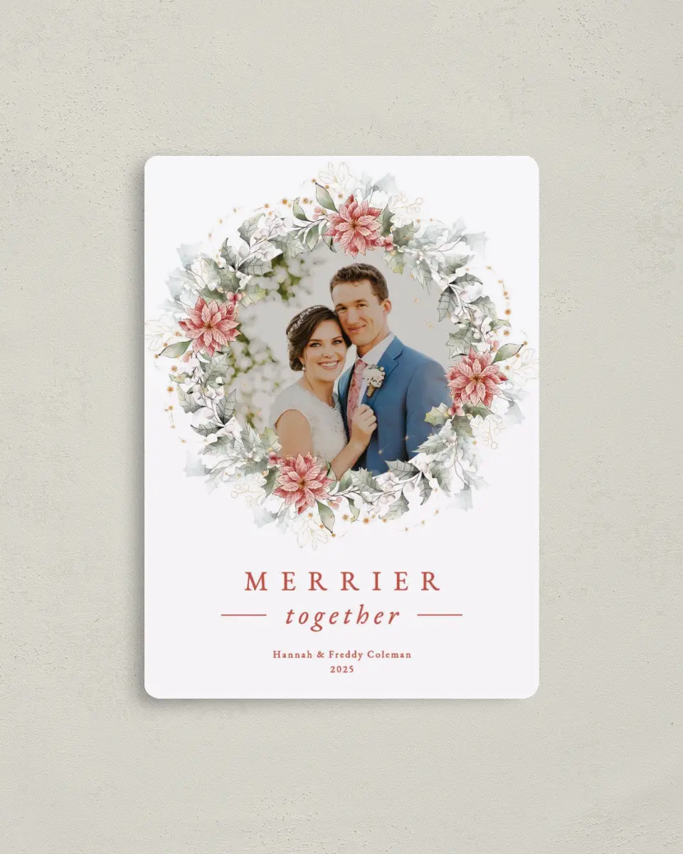 This is a 4" x 5½" Christmas Card called Poinsettia Wreath printed in full color with Gold foil and a Luxe Satin finish