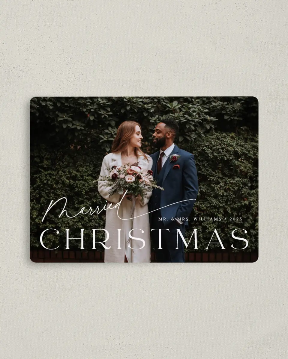 This is a 4" x 5½" Christmas Card called Married Bliss printed in full color with Rose Gold foil and a Luxe Satin finish