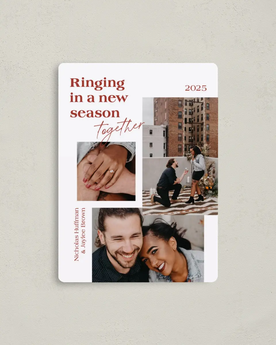 This is a 4" x 5½" Christmas Card called Ringing Together printed in full color with Rose Gold foil and a Luxe Satin finish