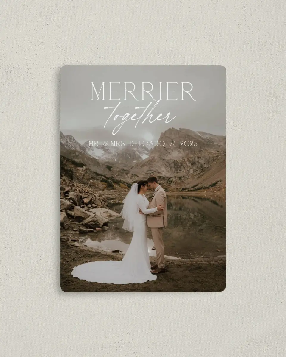 This is a 4" x 5½" Christmas Card called Together Tidings printed in full color with Rose Gold foil and a Luxe Satin finish
