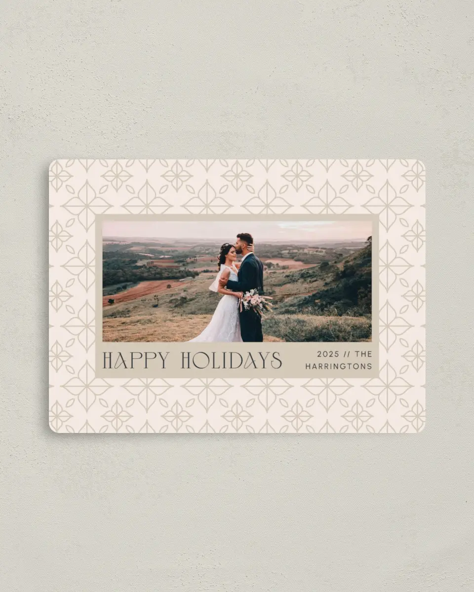 This is a 4" x 5½" Christmas Card called Harmonius Holiday printed in full color with Rose Gold foil and a Luxe Satin finish