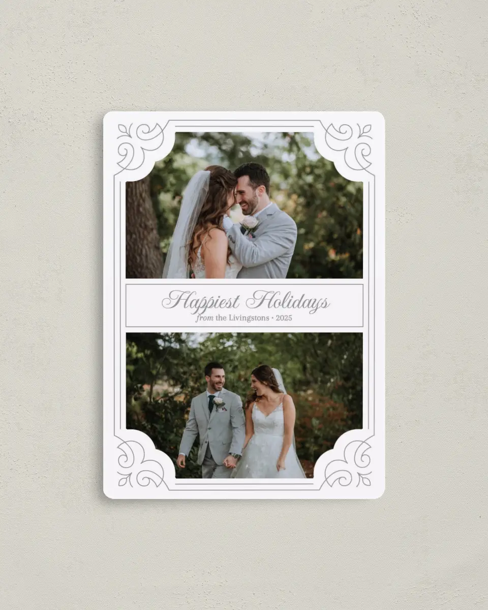This is a 4" x 5½" Christmas Card called Fancy Frame printed in full color with Rose Gold foil and a Luxe Satin finish