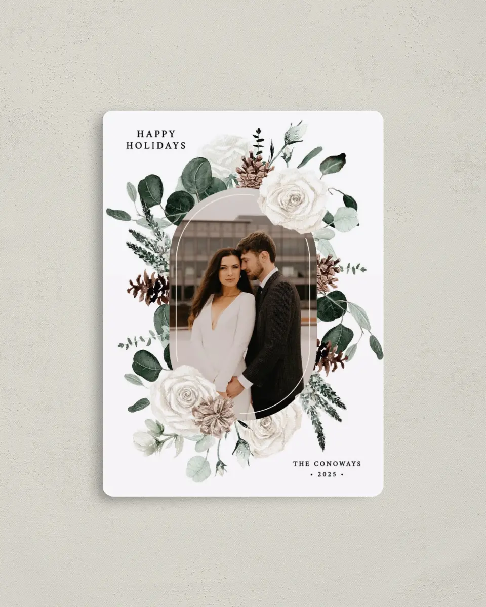 This is a 4" x 5½" Christmas Card called Winter Blossoms printed in full color with Rose Gold foil and a Luxe Satin finish