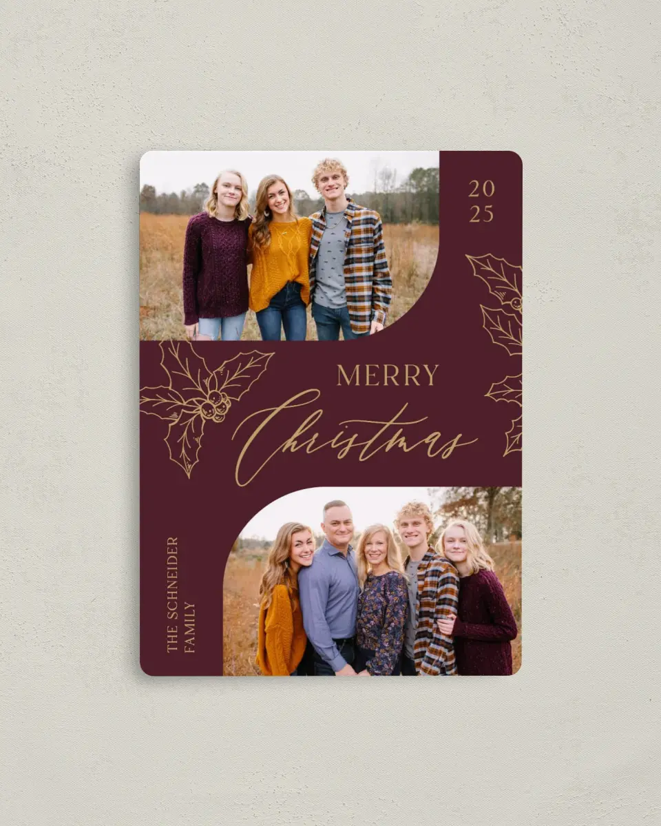 This is a 4" x 5½" Christmas Card called Lavish Holly printed in full color with Gold foil and a Luxe Satin finish