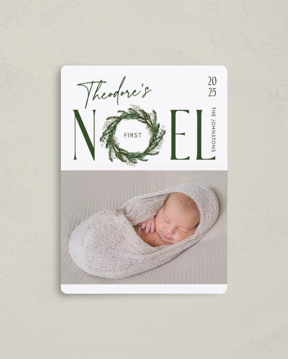 This is a 4" x 5½" Christmas Card called First Noel printed in full color with Gold foil and a Luxe Satin finish