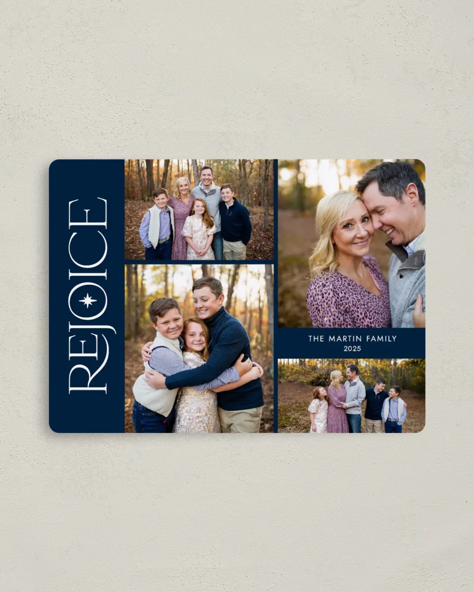 This is a 4" x 5½" Christmas Card called Rejoicing Together printed in full color with Gold foil and a Luxe Satin finish