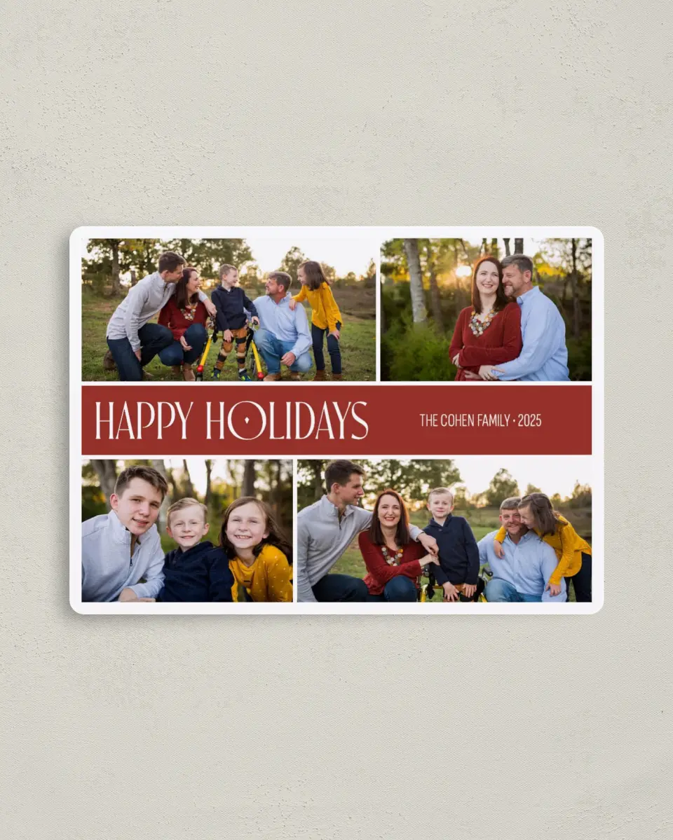 This is a 4" x 5½" Christmas Card called Holiday Captures printed in full color with a Luxe Satin finish