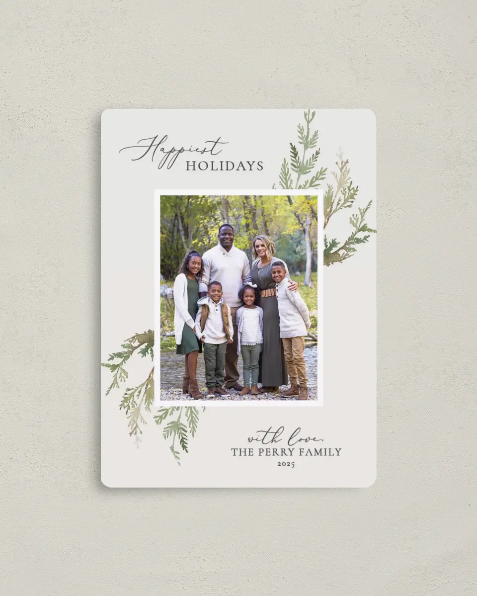 This is a 4" x 5½" Christmas Card called Wintergreen Wishes printed in full color with Gold foil and a Luxe Satin finish
