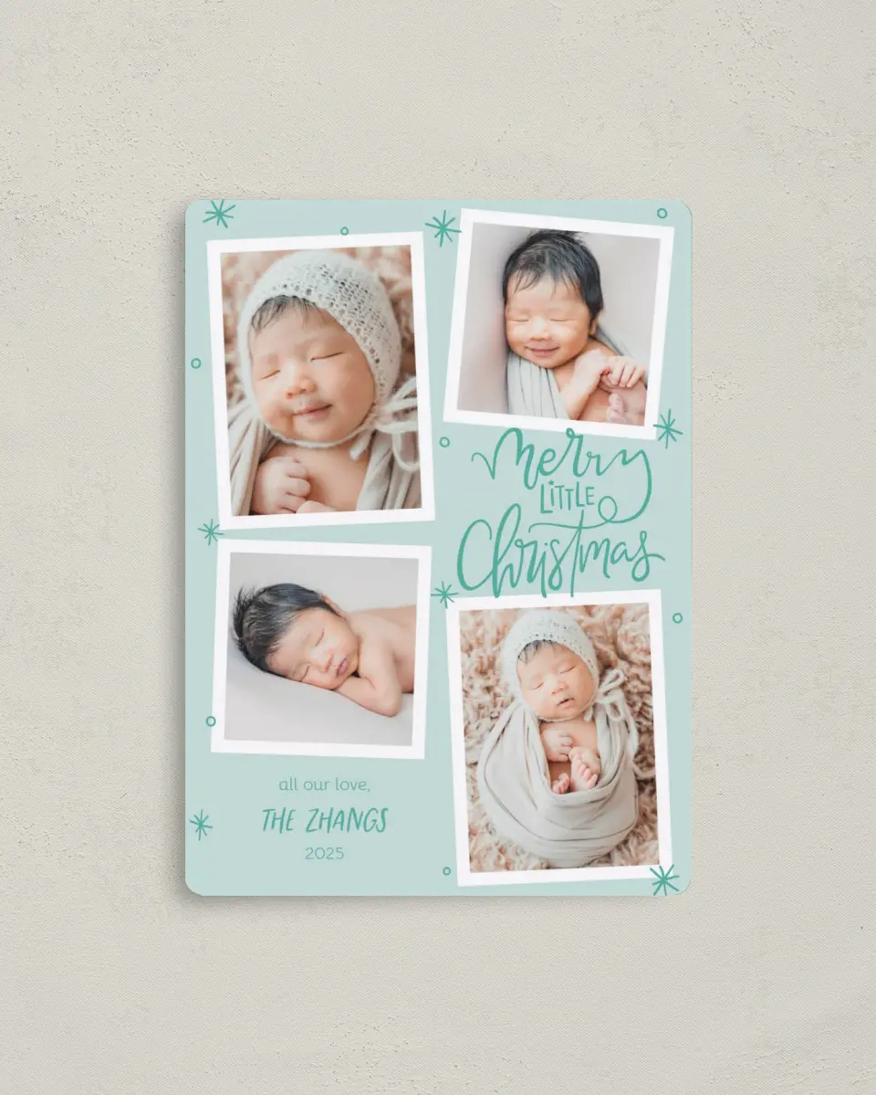This is a 4" x 5½" Christmas Card called Litte Christmas printed in full color with Gold foil and a Luxe Satin finish