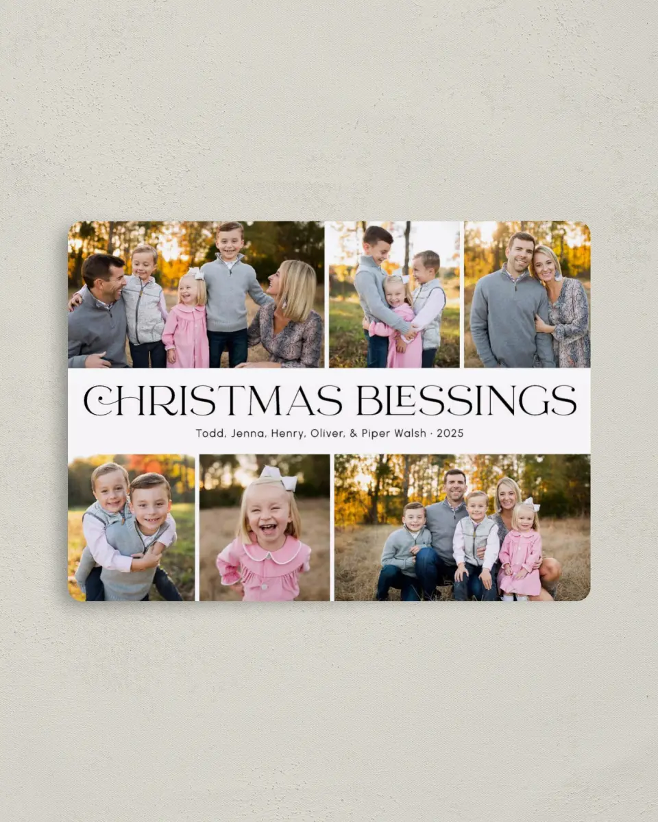 This is a 4" x 5½" Christmas Card called Christmas Blessings printed in full color with Rose Gold foil and a Luxe Satin finish