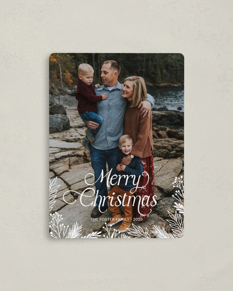 This is a 4" x 5½" Christmas Card called Vintage Boughs printed in full color with Rose Gold foil and a Luxe Satin finish