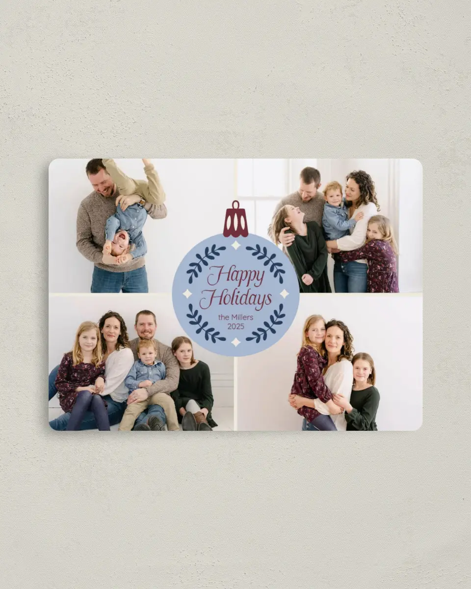 This is a 4" x 5½" Christmas Card called Ornamental Greeting printed in full color with a Luxe Satin finish