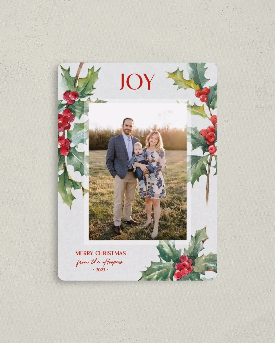 This is a 4" x 5½" Christmas Card called Holiday Holly printed in full color with Gold foil and a Luxe Satin finish