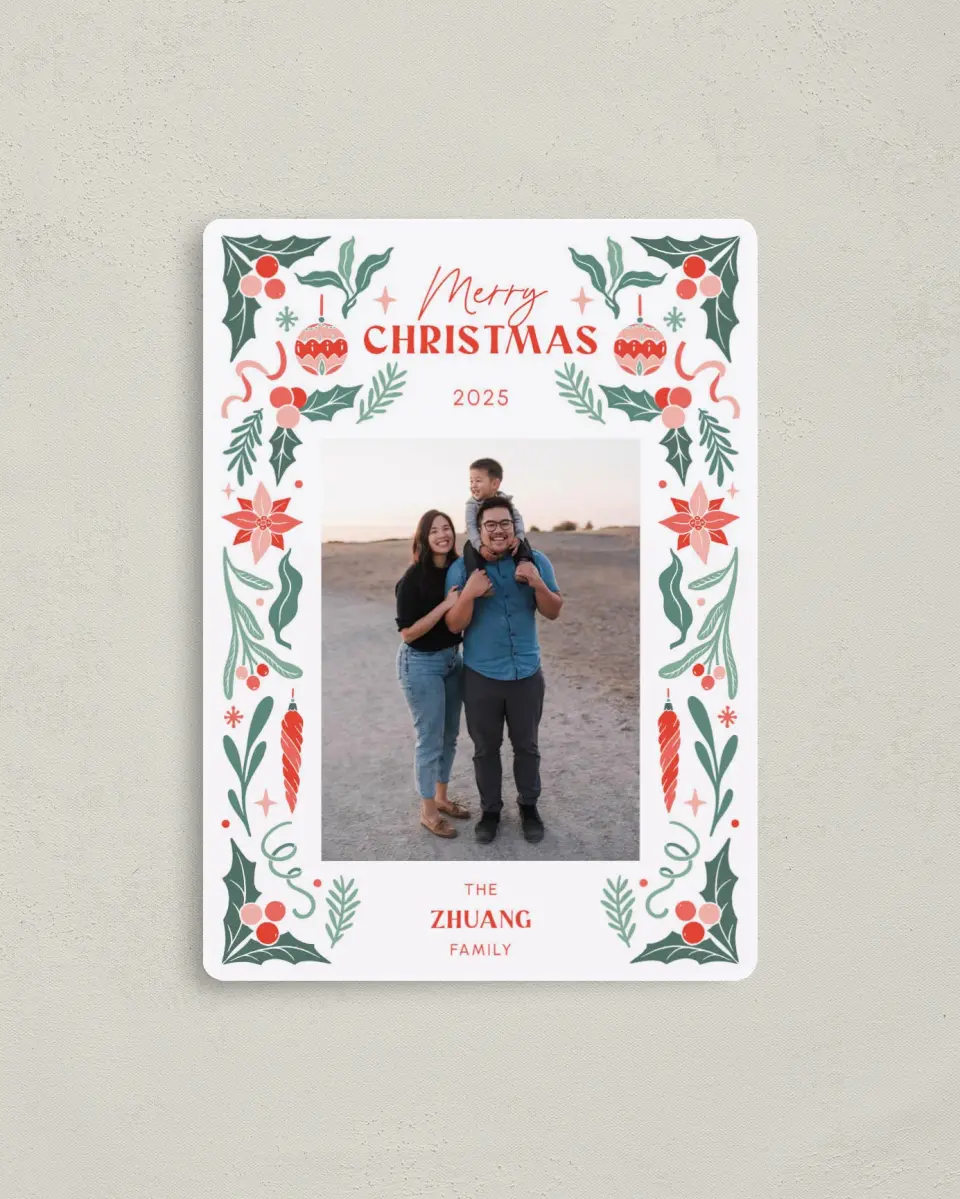This is a 4" x 5½" Christmas Card called Dash of Magic printed in full color with Gold foil and a Luxe Satin finish