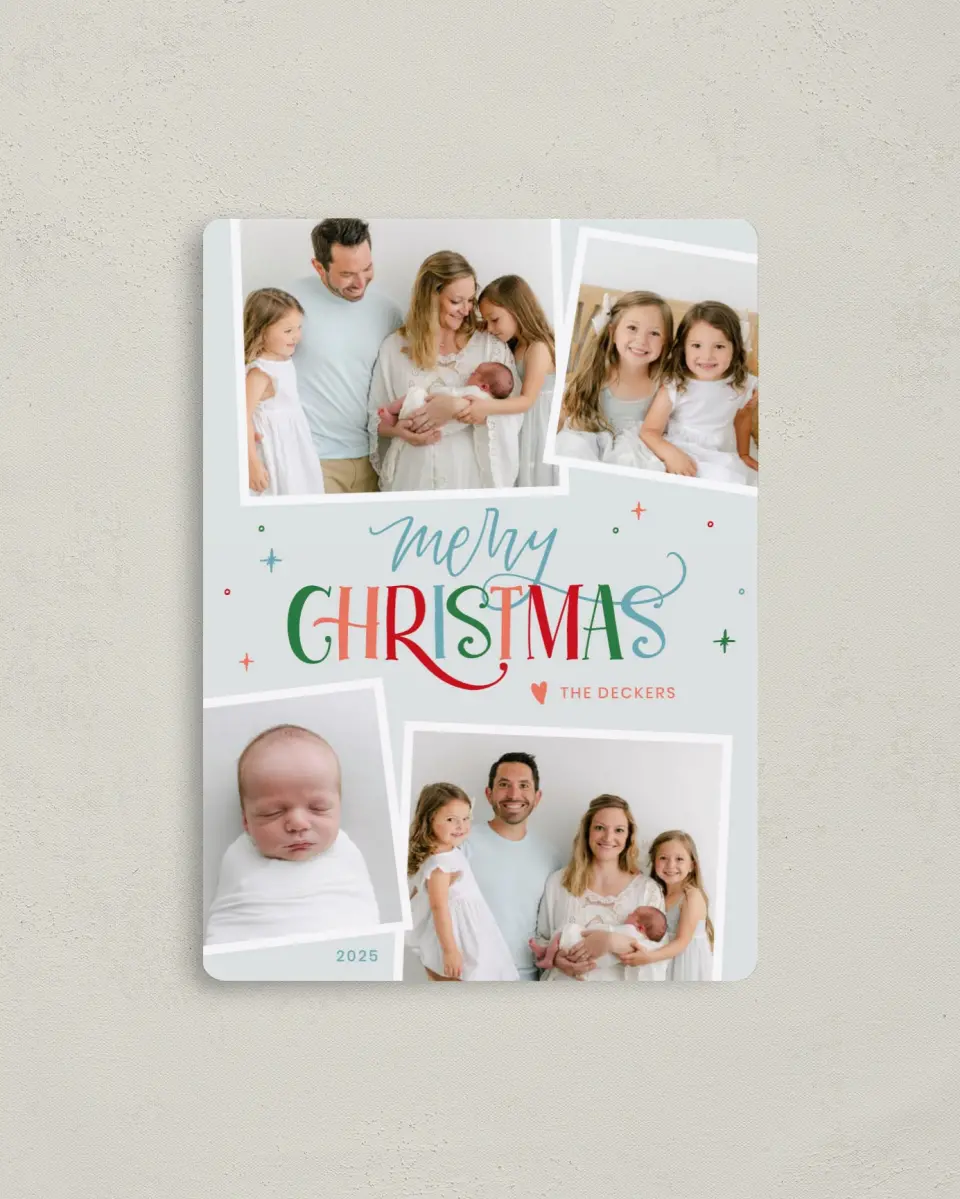 This is a 4" x 5½" Christmas Card called Whimsical Wishes printed in full color with Gold foil and a Luxe Satin finish