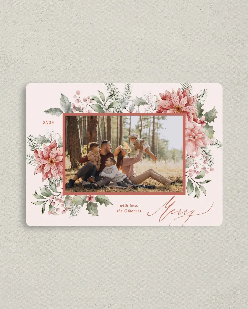 This is a 4" x 5½" Christmas Card called Christmas Blossoms printed in full color with Rose Gold foil and a Luxe Satin finish