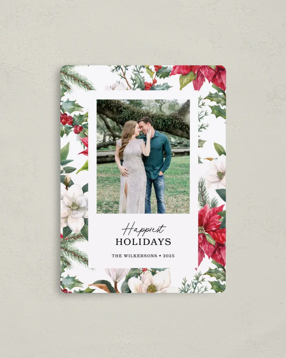 This is a 4" x 5½" Christmas Card called Festive Floral printed in full color with Gold foil and a Luxe Satin finish
