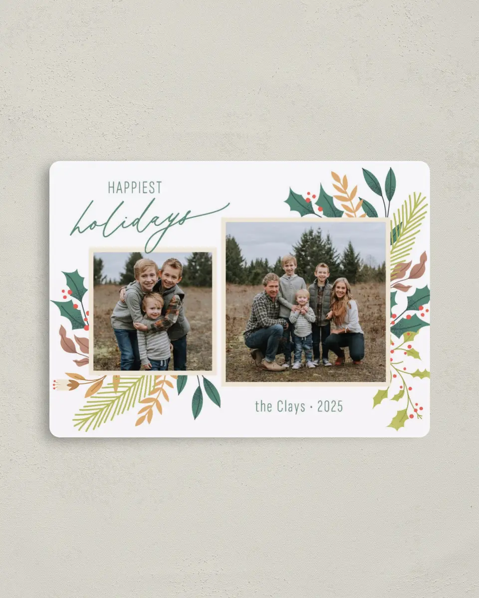 This is a 4" x 5½" Christmas Card called Holiday Happiness printed in full color with Gold foil and a Luxe Satin finish