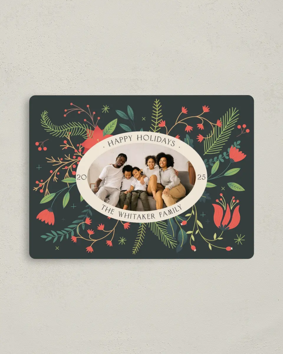 This is a 4" x 5½" Christmas Card called Flourishing Family printed in full color with Gold foil and a Luxe Satin finish