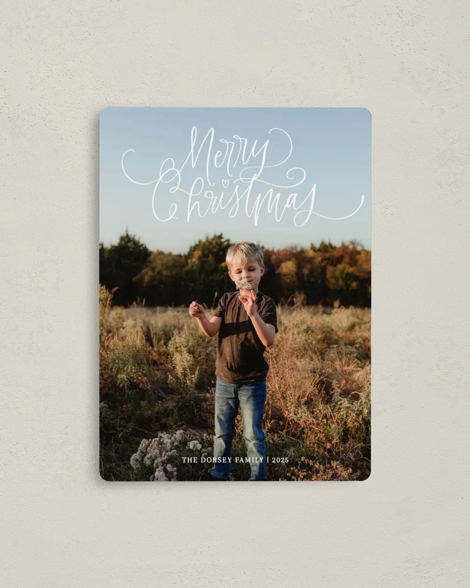 This is a 4" x 5½" Christmas Card called Jubilant Script printed in full color with a Luxe Satin finish