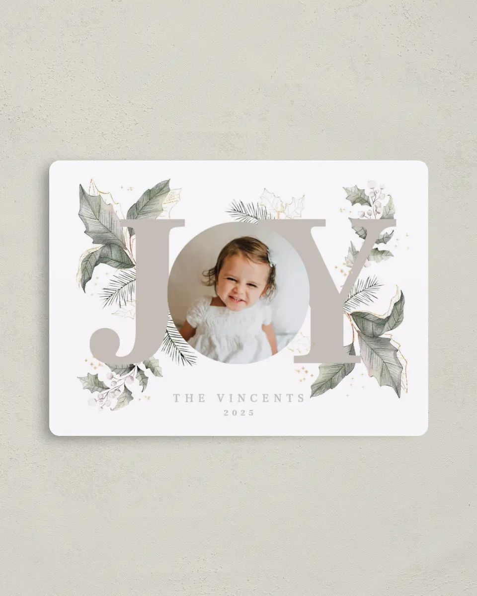 This is a 4" x 5½" Christmas Card called Gleaming Joy printed in full color with Gold foil and a Luxe Satin finish
