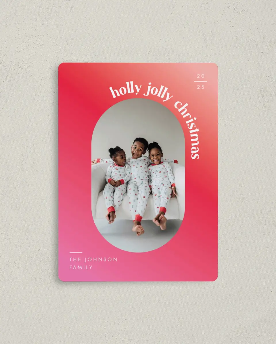 This is a 4" x 5½" Christmas Card called Jolly Gradient printed in full color with Rose Gold foil and a Luxe Satin finish