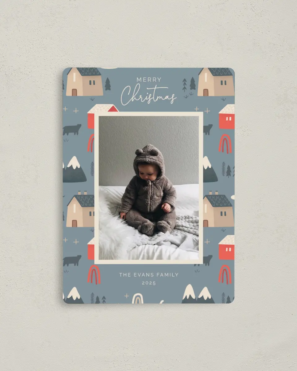 This is a 4" x 5½" Christmas Card called Mountain Homes printed in full color with Gold foil and a Luxe Satin finish