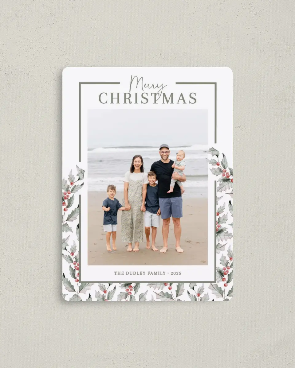 This is a 4" x 5½" Christmas Card called Soft Holly printed in full color with Gold foil and a Luxe Satin finish
