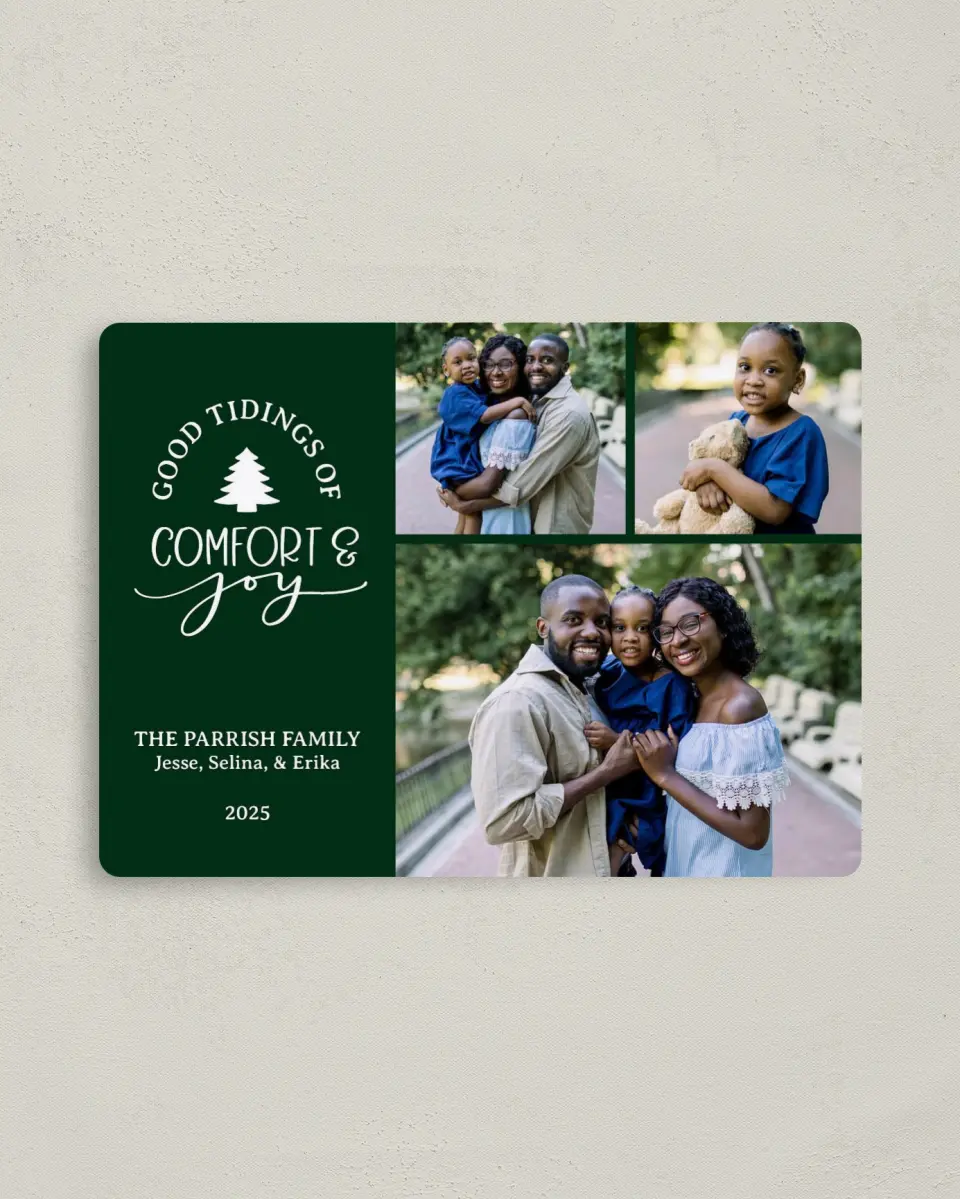 This is a 4" x 5½" Christmas Card called Good Tidings printed in full color with a Luxe Satin finish
