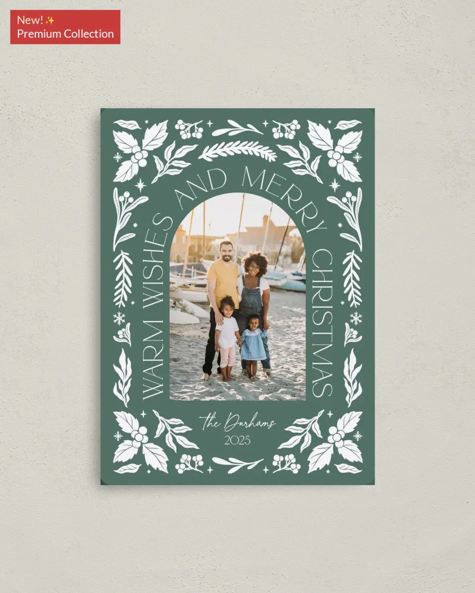 This is a 4" x 5½" Christmas Card called Warm Wishes printed in full color with Gold foil and a Luxe Satin finish