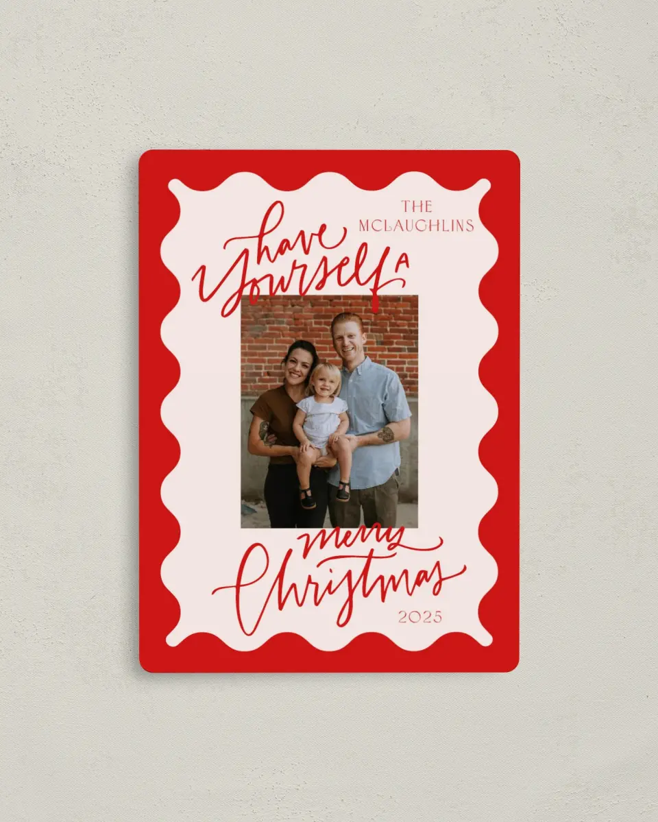 This is a 4" x 5½" Christmas Card called Cheerful Waves printed in full color with Gold foil and a Luxe Satin finish
