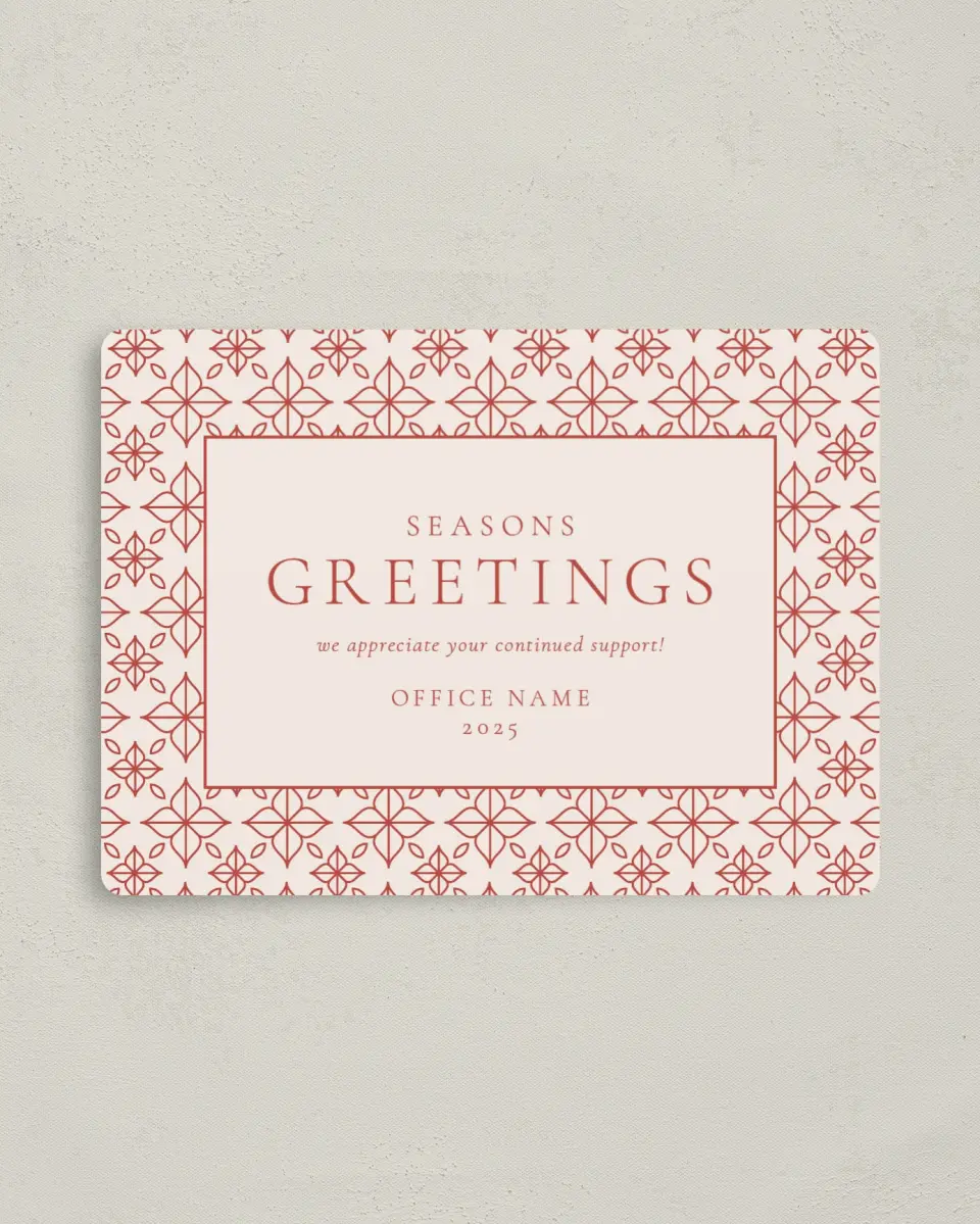 This is a 4" x 5½" Christmas Card called Delicate Design printed in full color with Rose Gold foil and a Luxe Satin finish