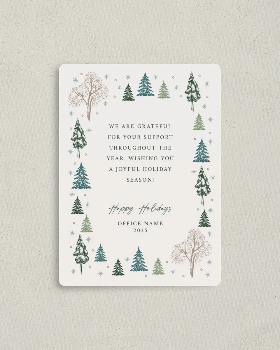 This is a 4" x 5½" Christmas Card called Trees of Joy printed in full color with Rose Gold foil and a Luxe Satin finish