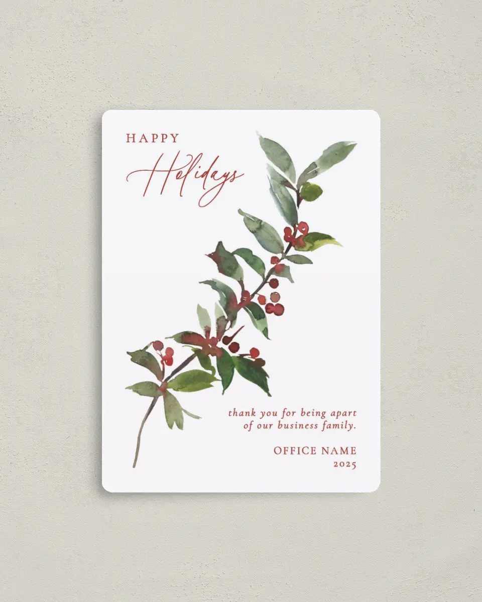 This is a 4" x 5½" Christmas Card called Holly Holidays printed in full color with a Luxe Satin finish
